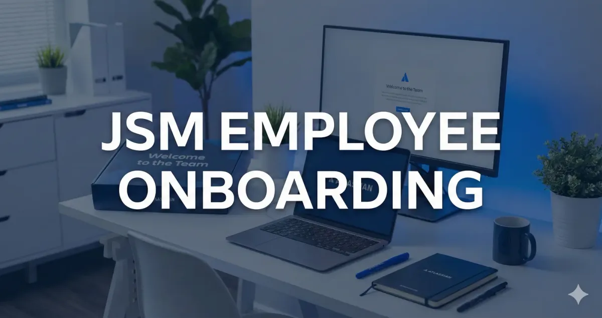 JSM Employee Onboarding title over a desk with a laptop and notebook