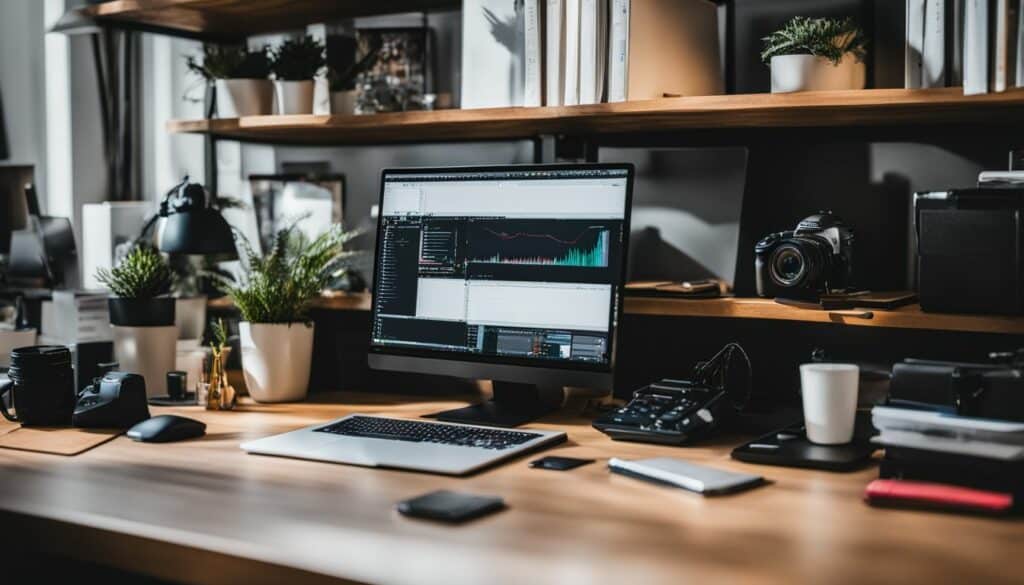 A desk with a computer and a monitor.