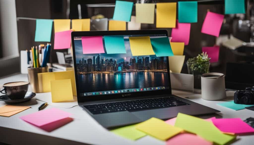 A laptop on a desk with colorful post it notes.
