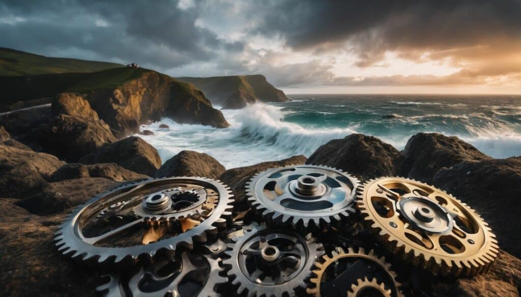 Gears on a rocky cliff overlooking the ocean.