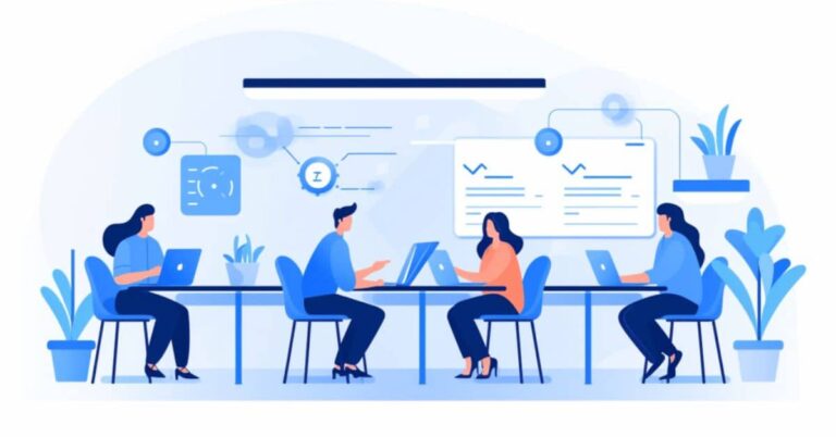 A group of people sitting at a table, utilizing their laptops to collaborate on tasks using Jira.