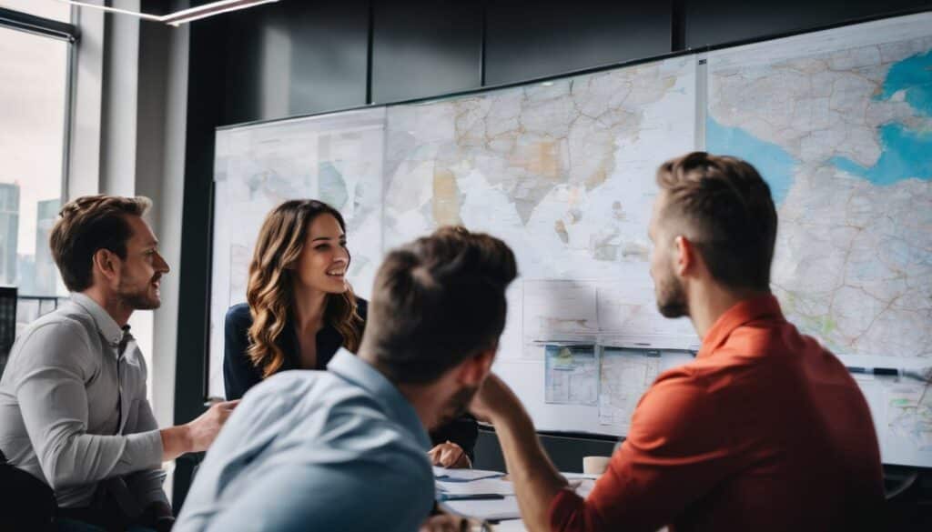 A group of business people reviewing an alternative of Jira in an office.