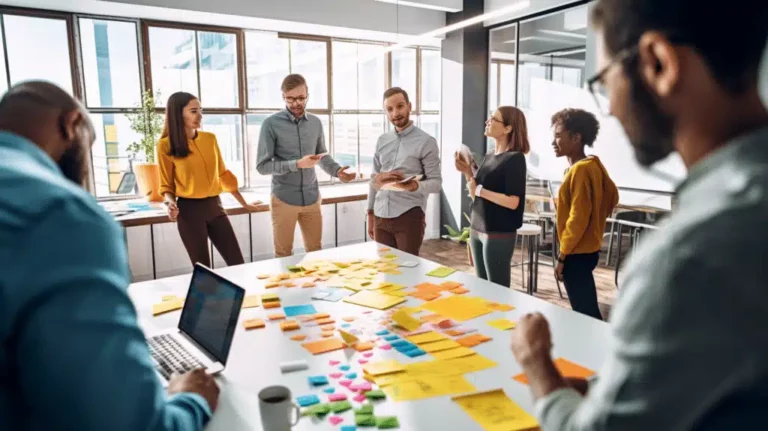 A group of people standing around a table in an office.