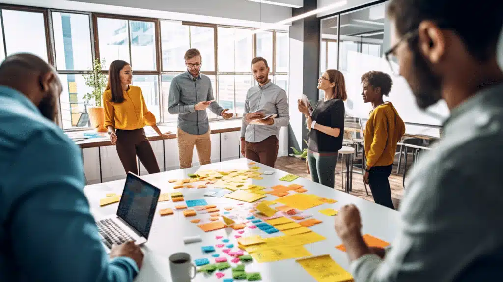 A group of people standing around a table in an office.