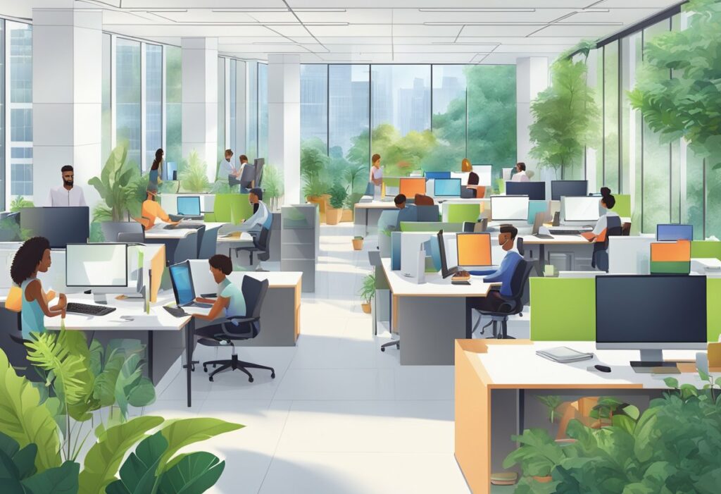 An illustration of an office with people working at desks.