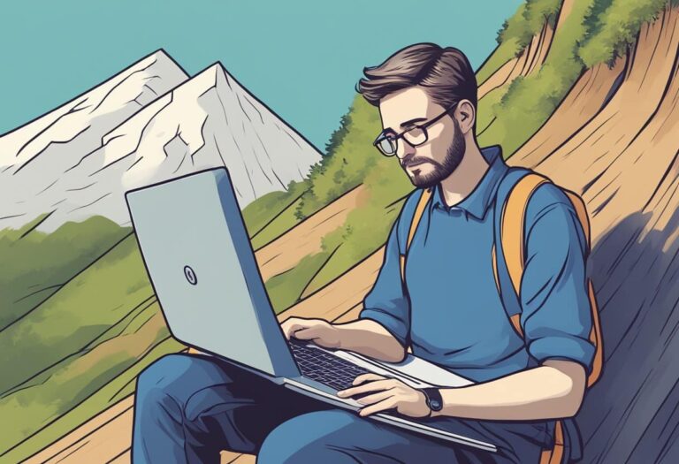 Illustration of a man using a laptop in the mountains, demonstrating the ease of learning Jira.