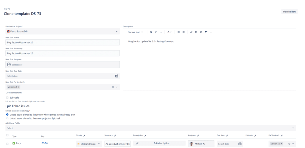 A screenshot of a page with a number of fields, showing how to clone Jira epics.