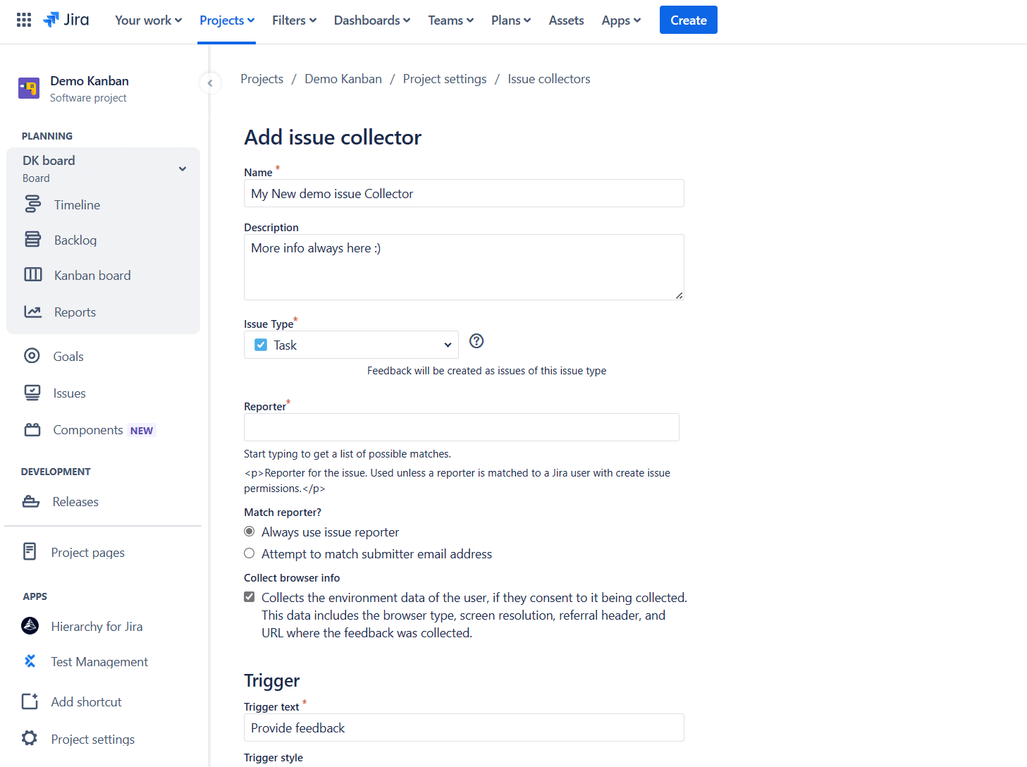 issue collector in jira