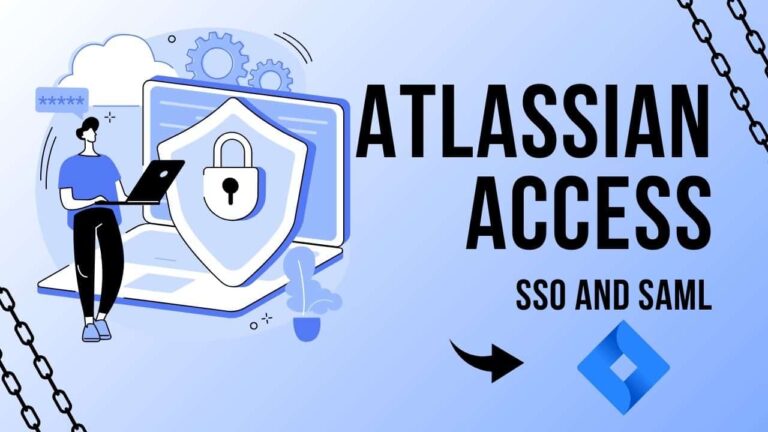 Illustration of a person working on a laptop with security icons, representing atlassian access and its sso and saml features.
